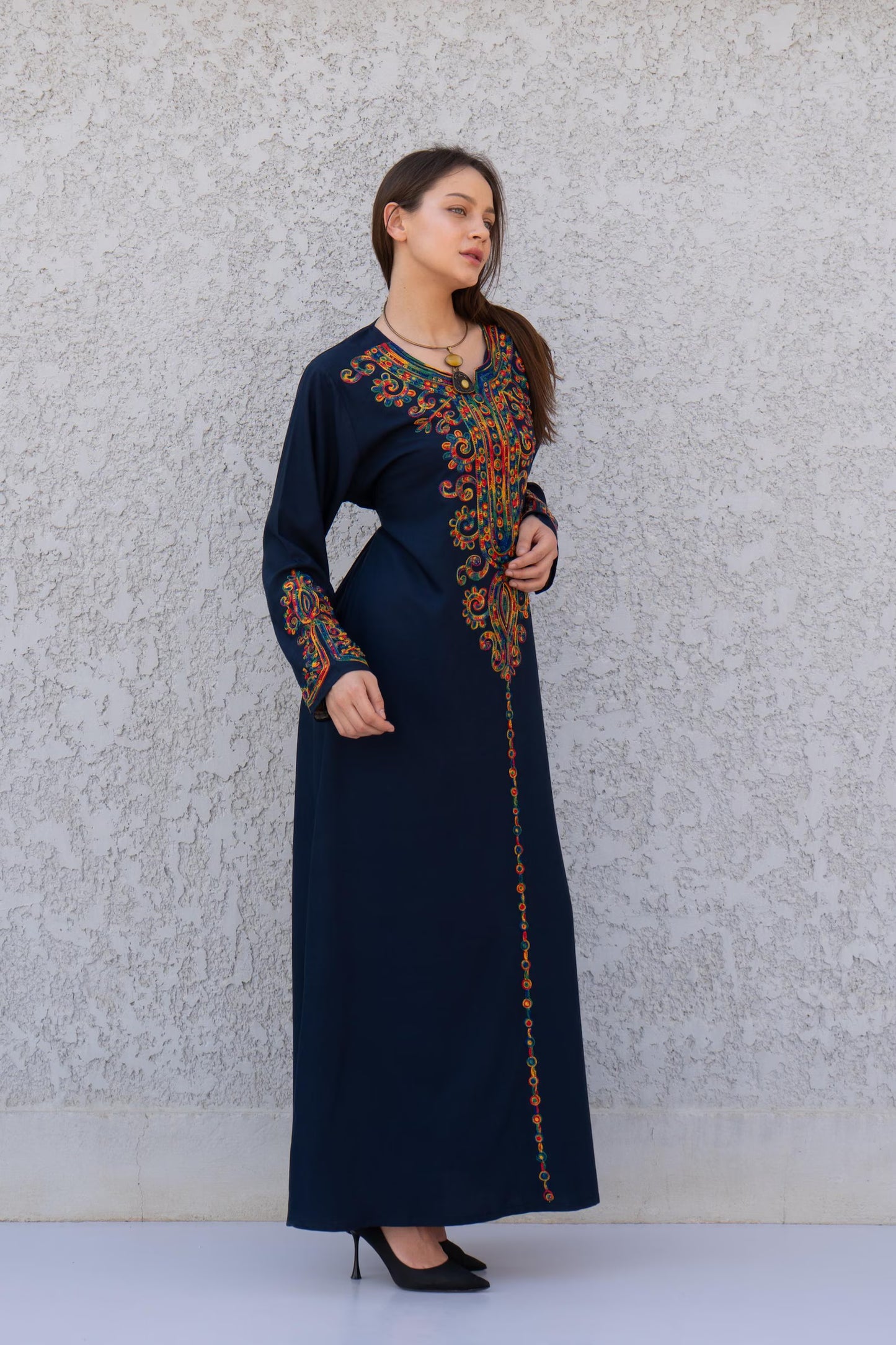 Navy Blue embroidered caftan dress, embroidered Cotton caftan, Chic embroidered caftan, Egyptian cotton caftans for women - PIKARU FASHION