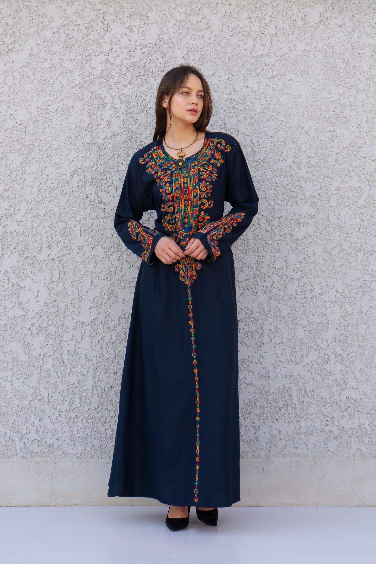 Navy Blue embroidered caftan dress, embroidered Cotton caftan, Chic embroidered caftan, Egyptian cotton caftans for women - PIKARU FASHION