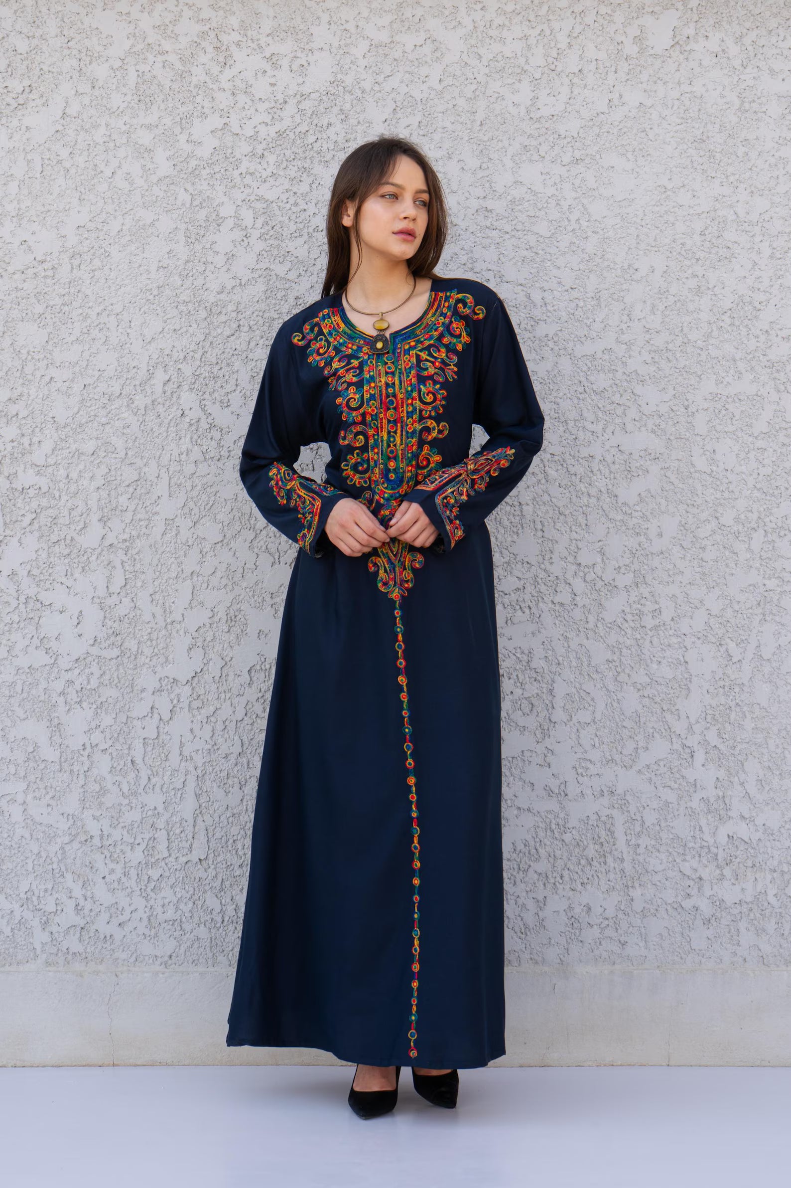 Navy Blue embroidered caftan dress, embroidered Cotton caftan, Chic embroidered caftan, Egyptian cotton caftans for women - PIKARU FASHION