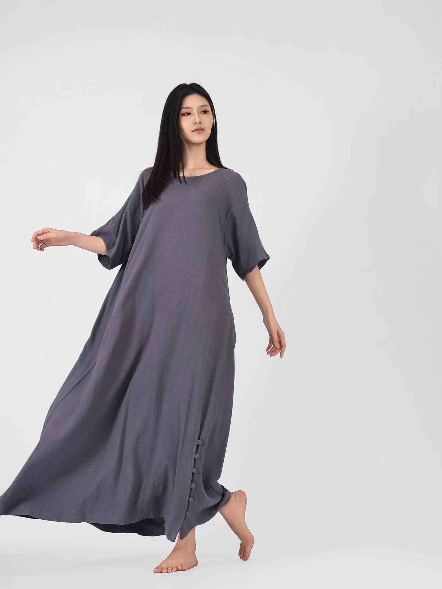 Cotton Linen Long Loose Dress - PIKARU FASHION