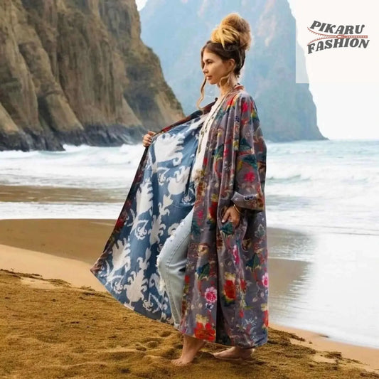 plus Size Velvet Kimono Duster - PIKARU FASHION