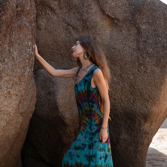 Boho Tie Dye Maxi Dress Teal Rainbow Rayon Sleeveless Summer Dress - PIKARU FASHION