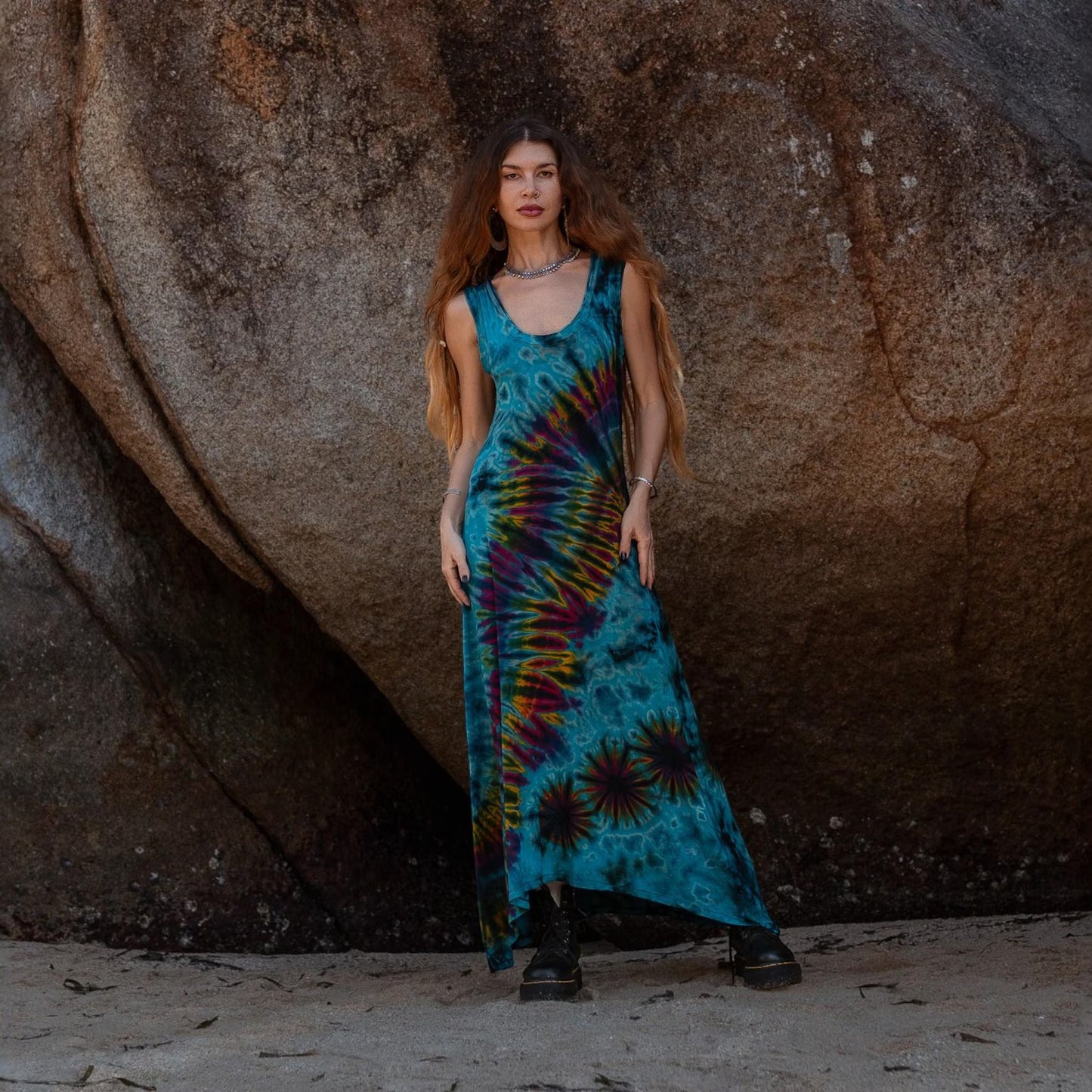 Boho Tie Dye Maxi Dress Teal Rainbow Rayon Sleeveless Summer Dress - PIKARU FASHION