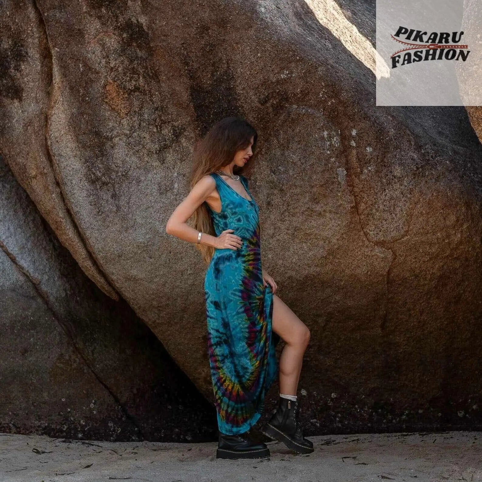 Boho Tie Dye Maxi Dress Teal Rainbow Rayon Sleeveless Summer Dress - PIKARU FASHION