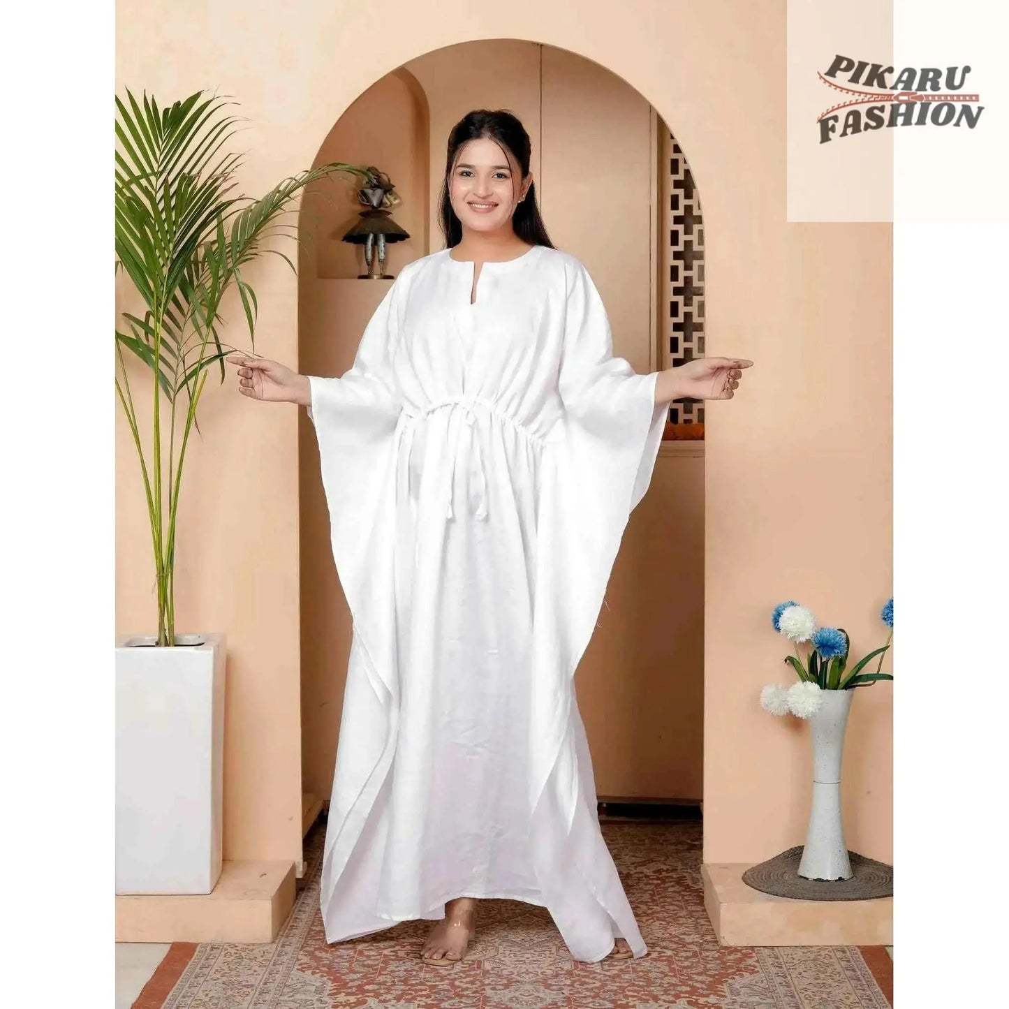 White Linen Maxi Kaftan Dress - PIKARU FASHION