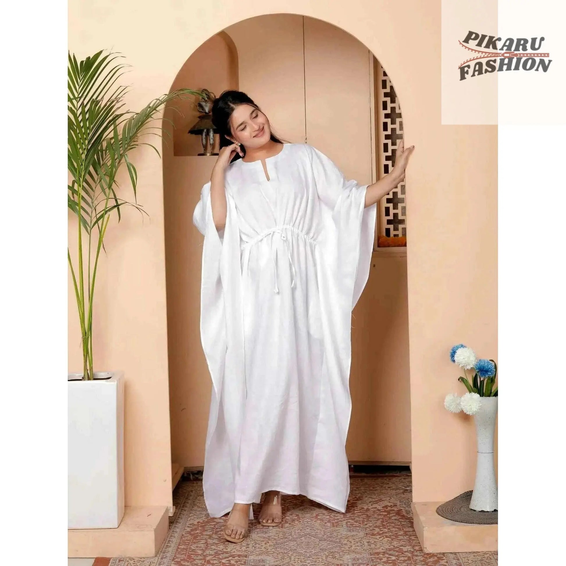 White Linen Maxi Kaftan Dress - PIKARU FASHION