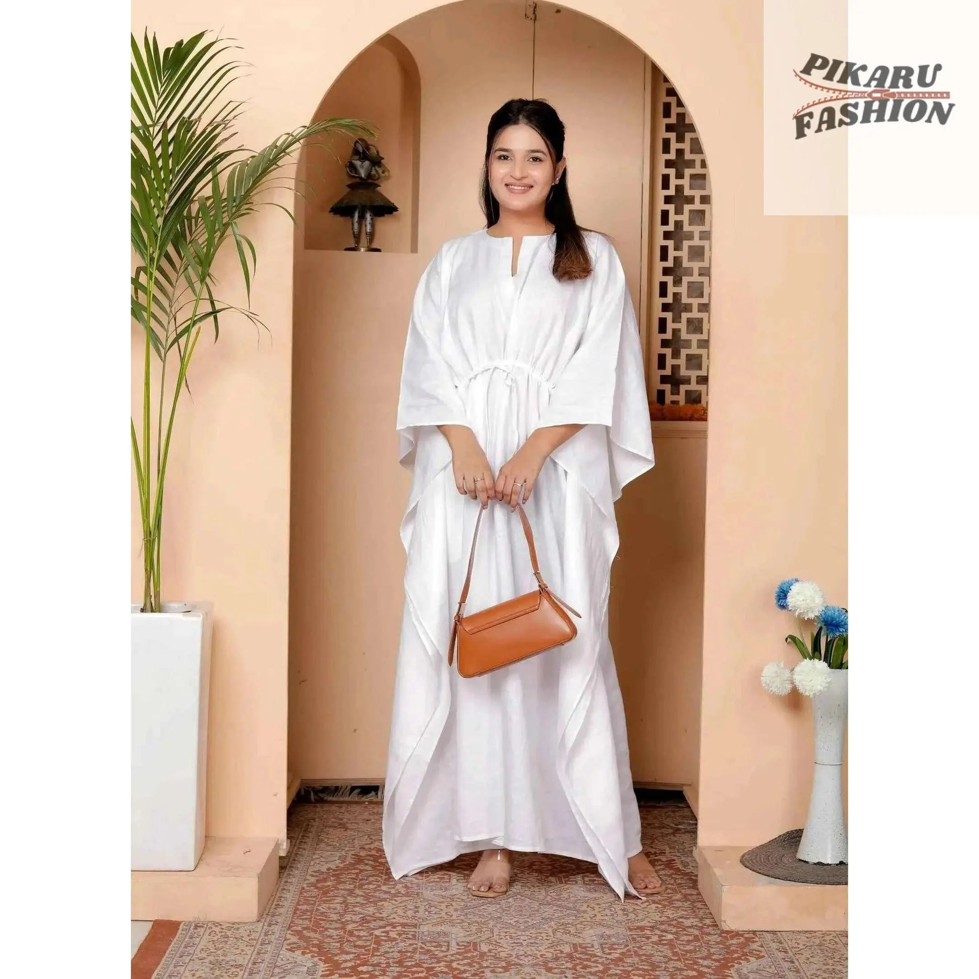 White Linen Maxi Kaftan Dress - PIKARU FASHION