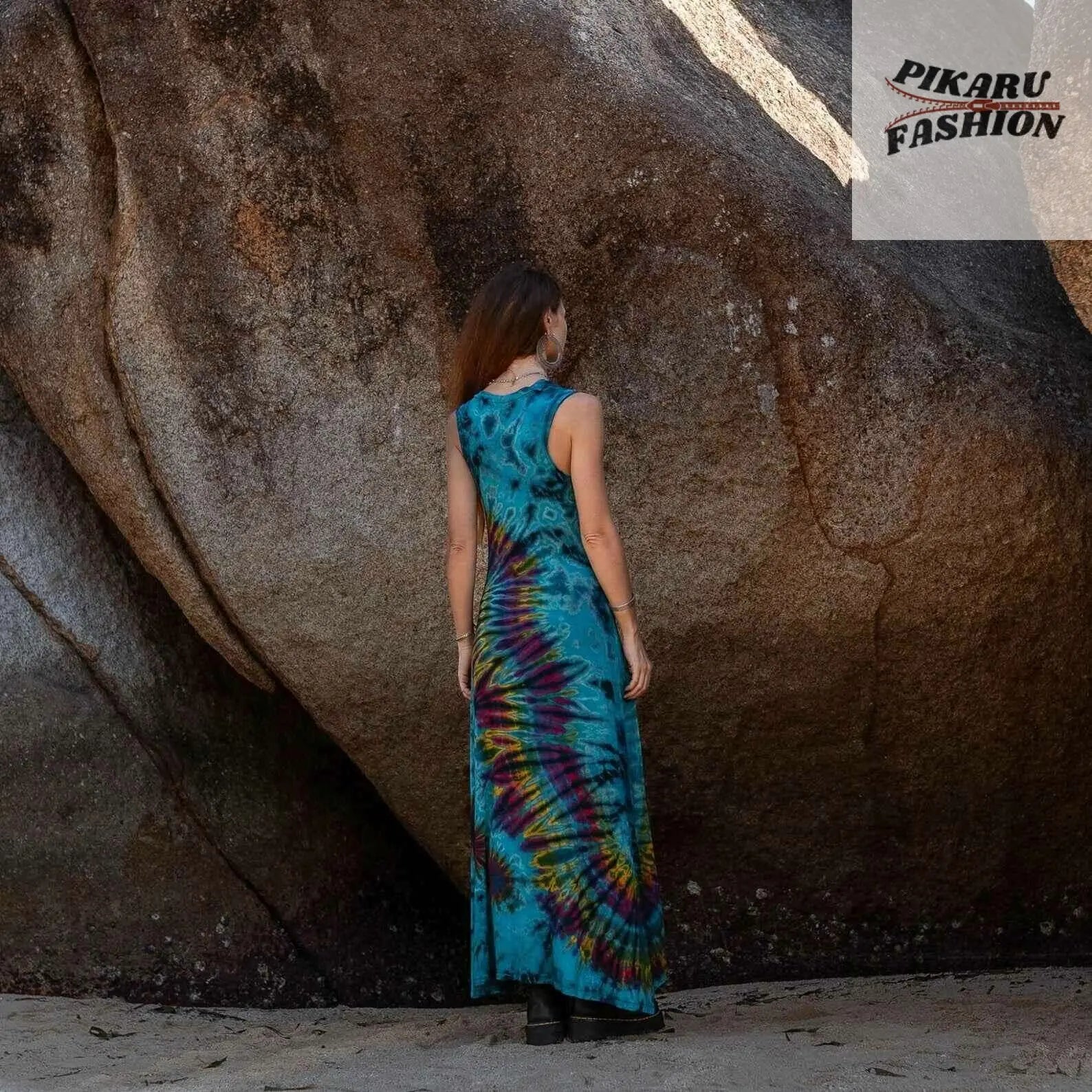 Boho Tie Dye Maxi Dress Teal Rainbow Rayon Sleeveless Summer Dress - PIKARU FASHION
