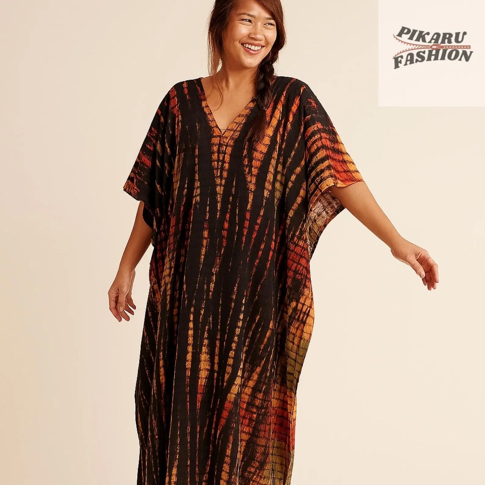 Black and orange Boho Tie-Dye Maxi Dress on model – front view