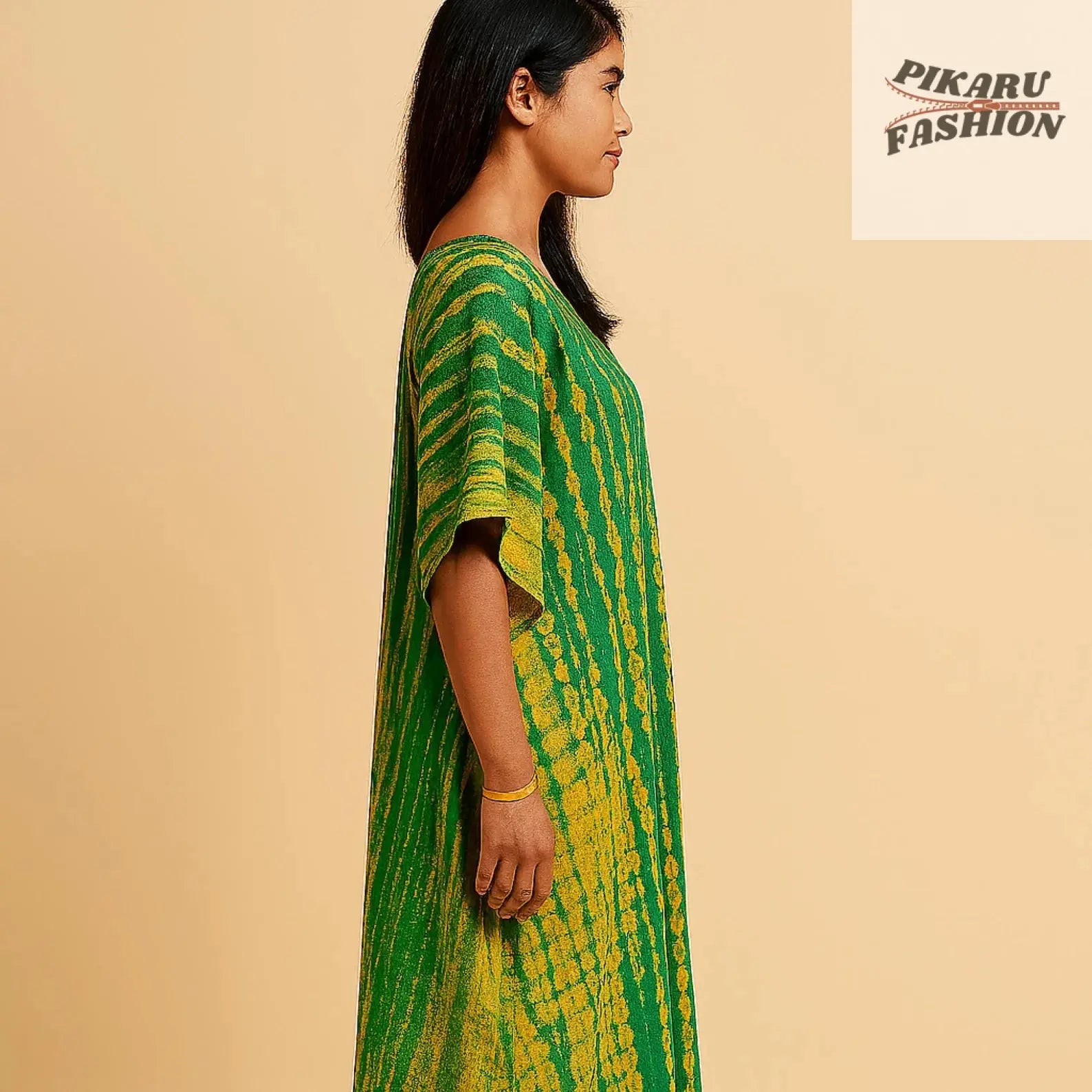 Green and yellow Boho Tie-Dye Maxi Dress on model – side view