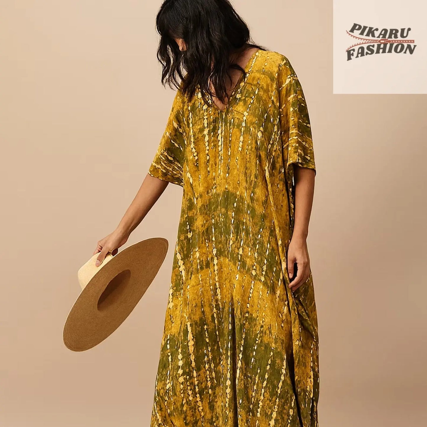 Yellow and olive Boho Tie-Dye Maxi Dress on model – front view