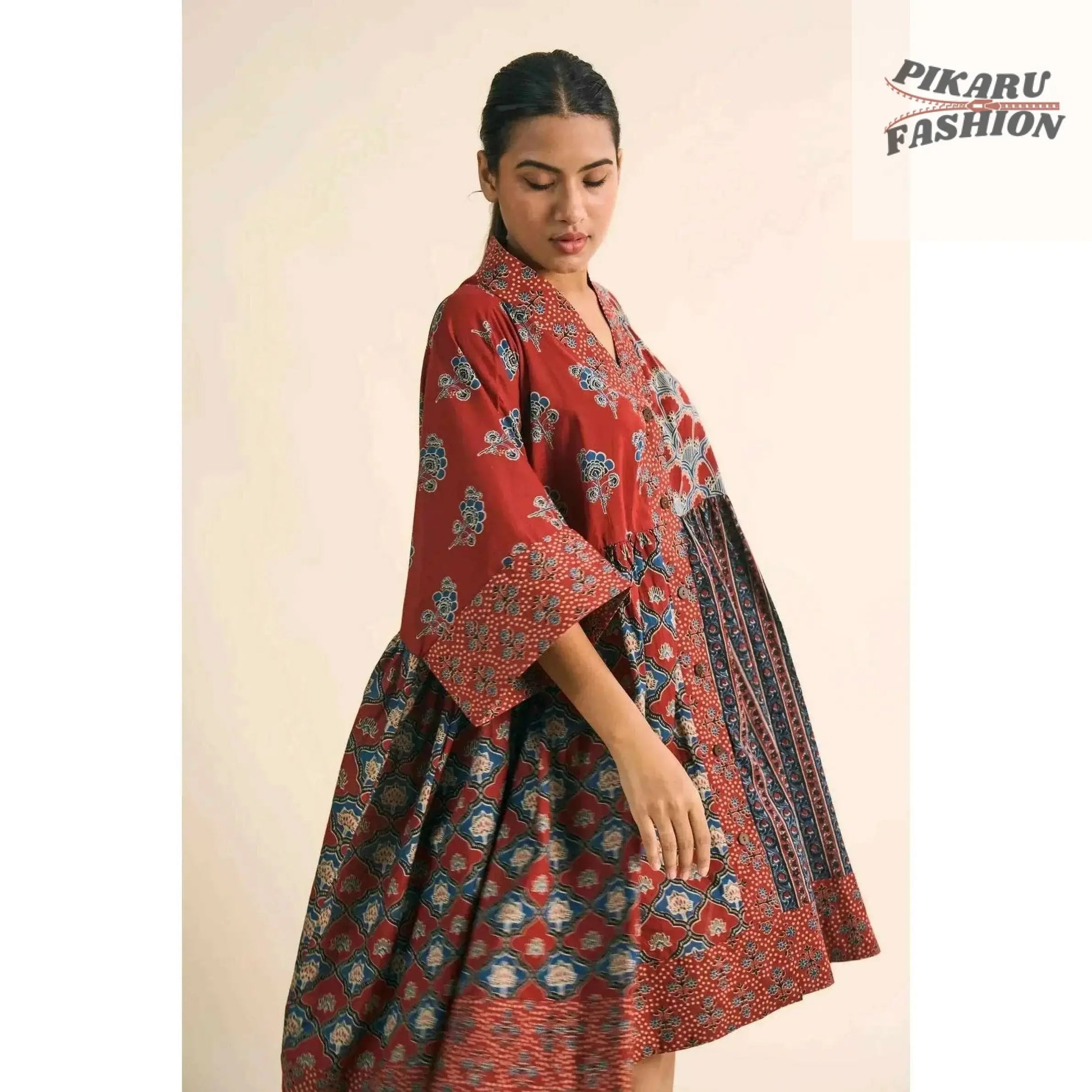 Patchwork Hand-Block Printed Cotton Kaftan Dress - PIKARU FASHION