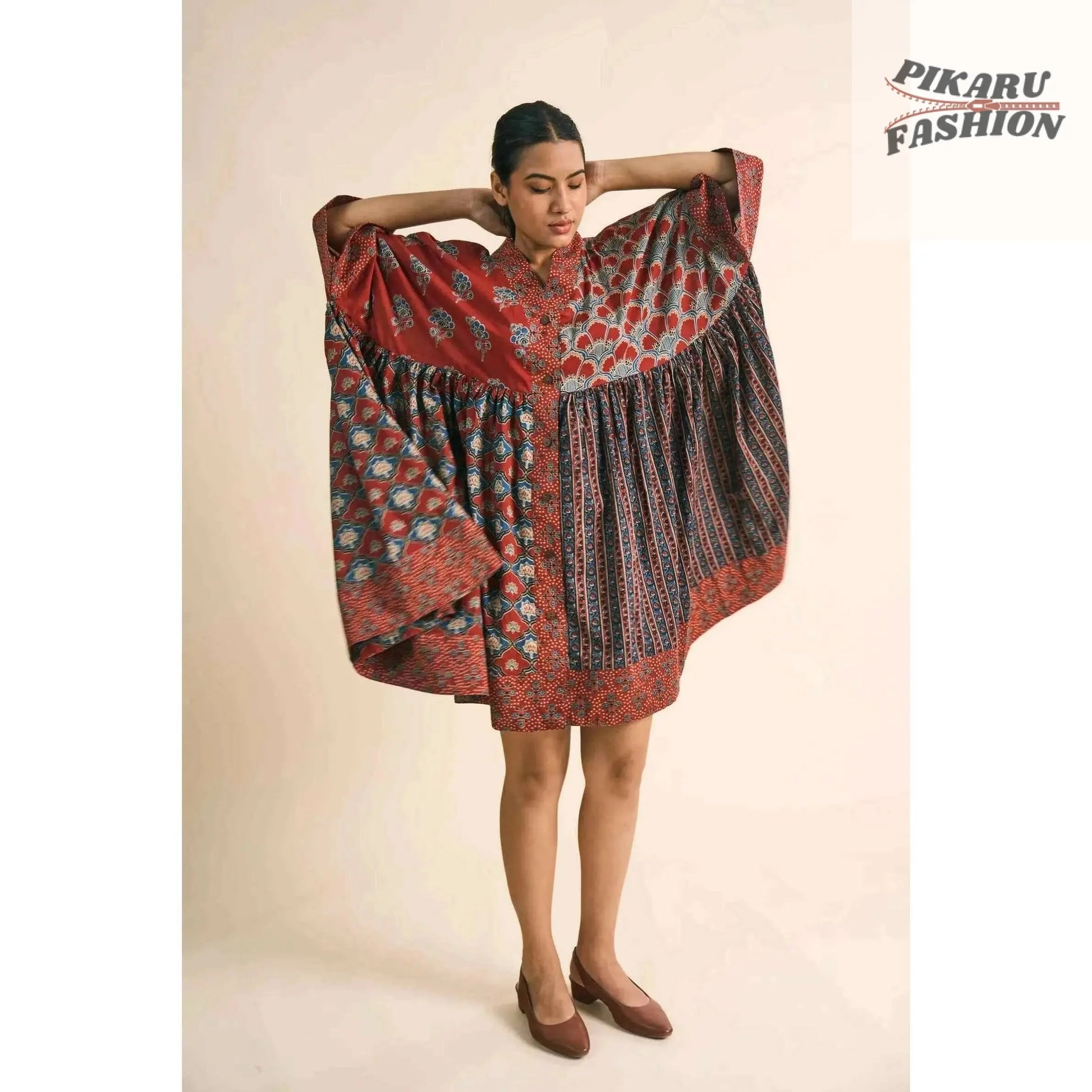 Patchwork Hand-Block Printed Cotton Kaftan Dress - PIKARU FASHION