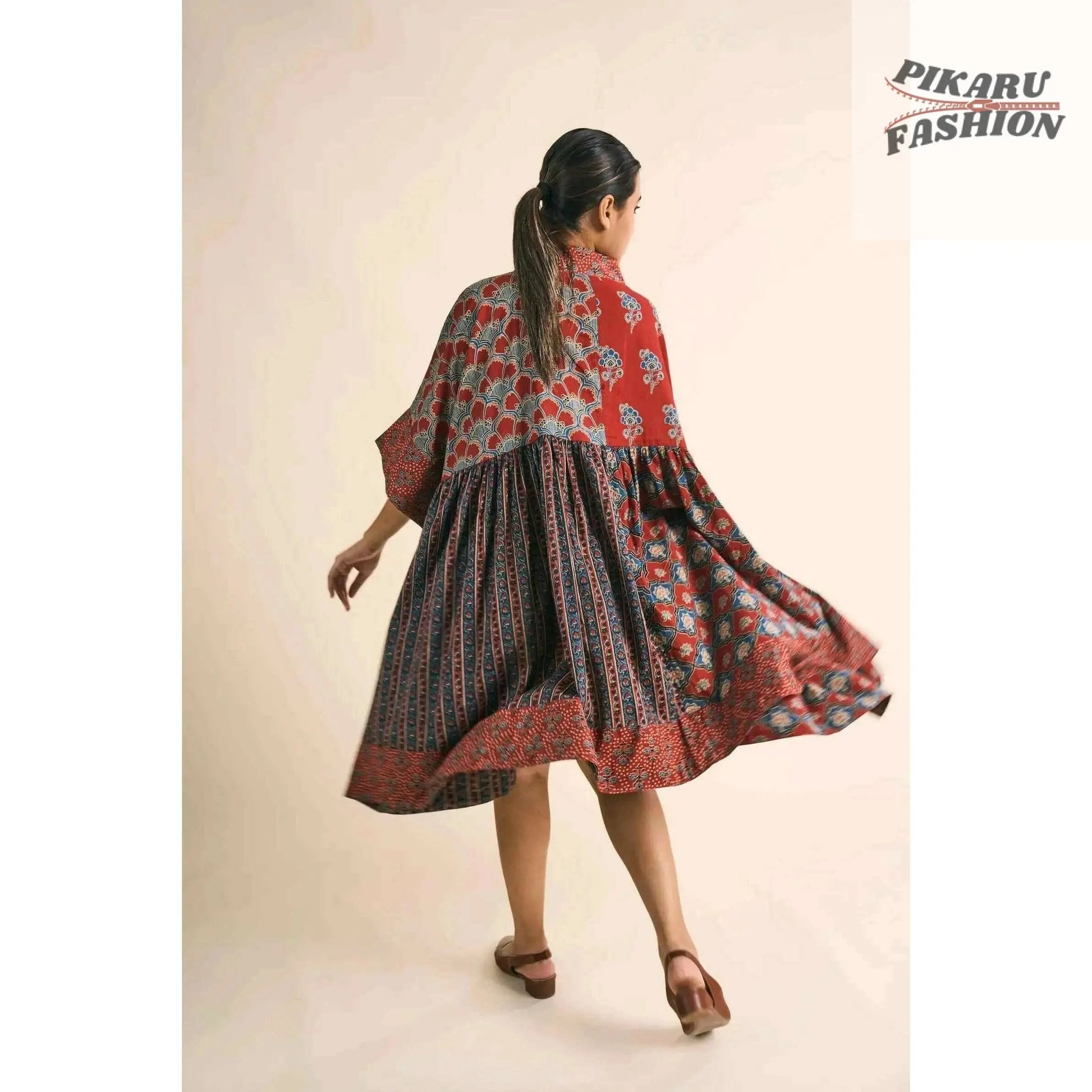 Patchwork Hand-Block Printed Cotton Kaftan Dress - PIKARU FASHION