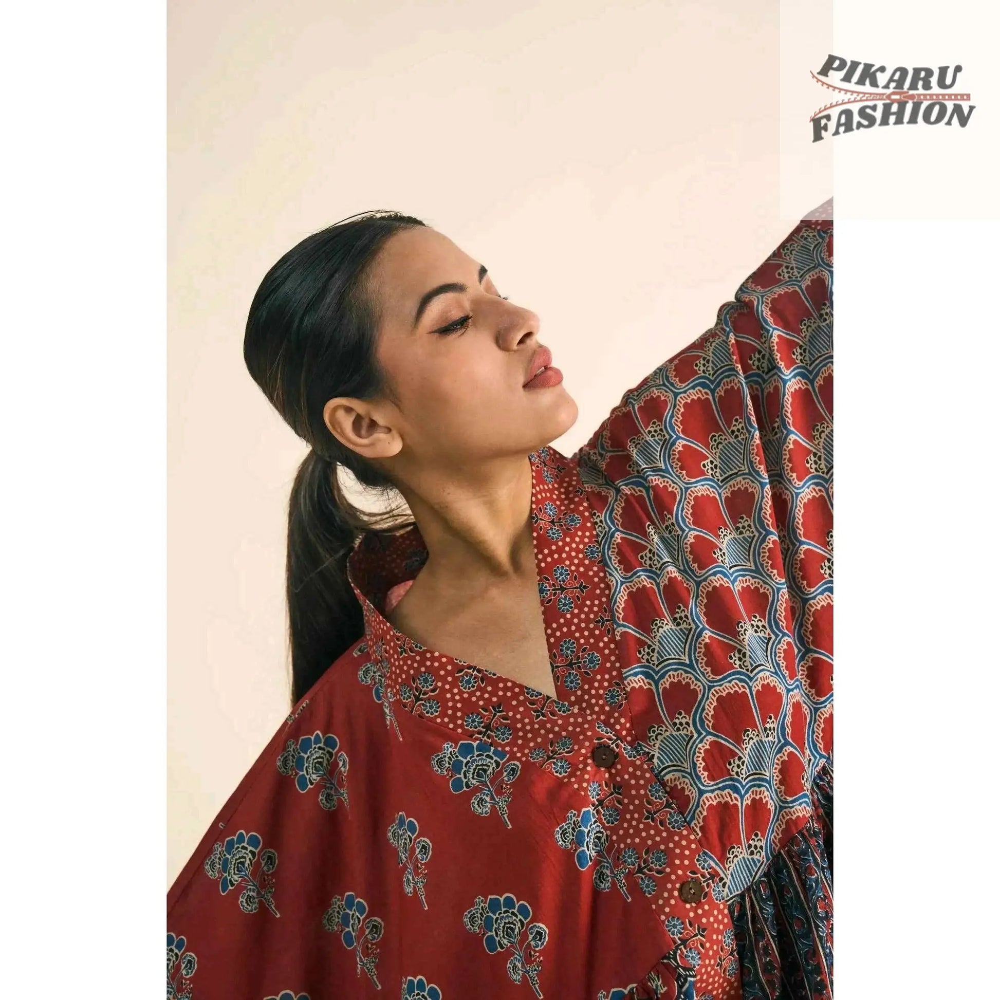 Patchwork Hand-Block Printed Cotton Kaftan Dress - PIKARU FASHION