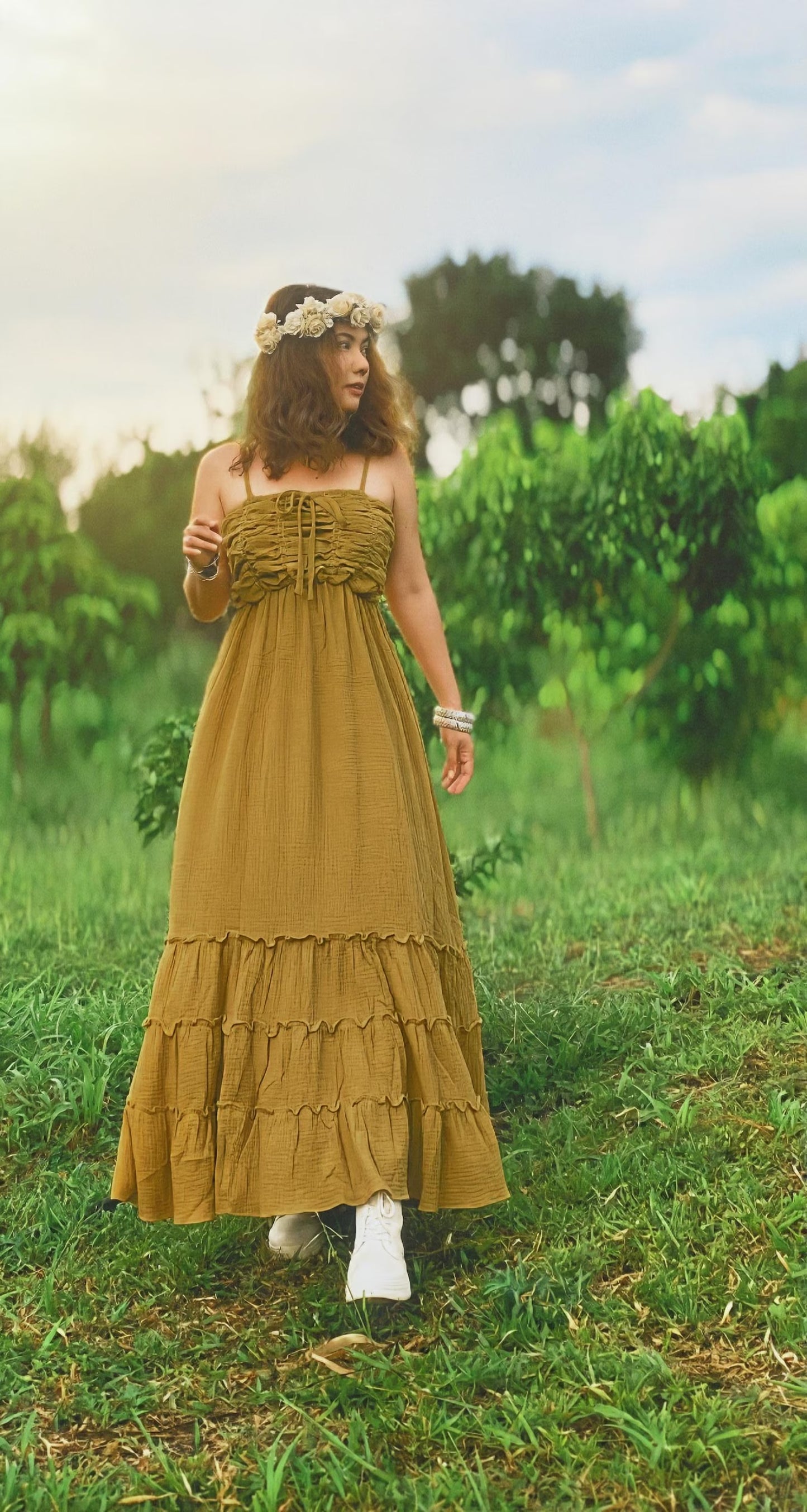 Olive Mustard Boho Maxi Dress - PIKARU FASHION