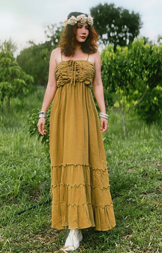 Olive Mustard Boho Maxi Dress - PIKARU FASHION