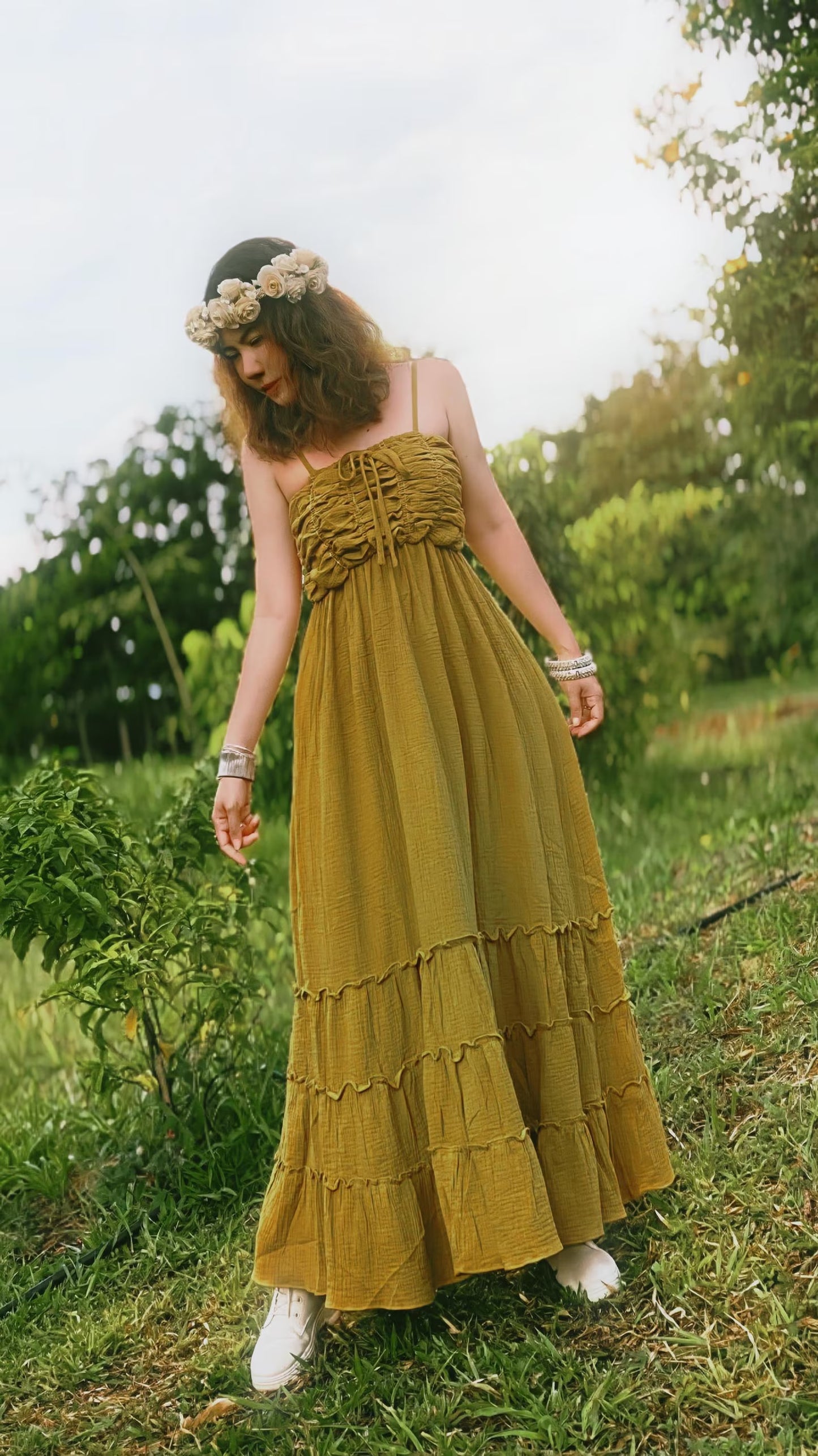 Olive Mustard Boho Maxi Dress - PIKARU FASHION