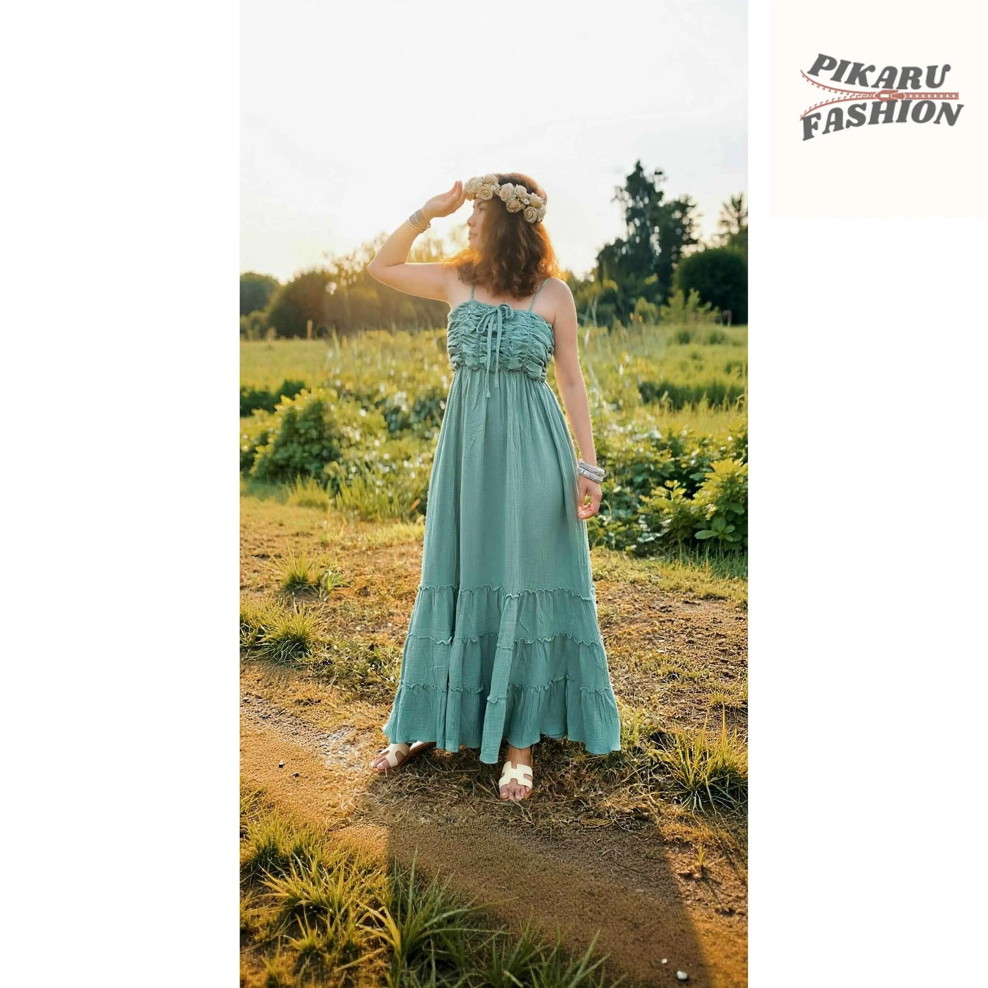 Olive Mustard Boho Maxi Dress - PIKARU FASHION