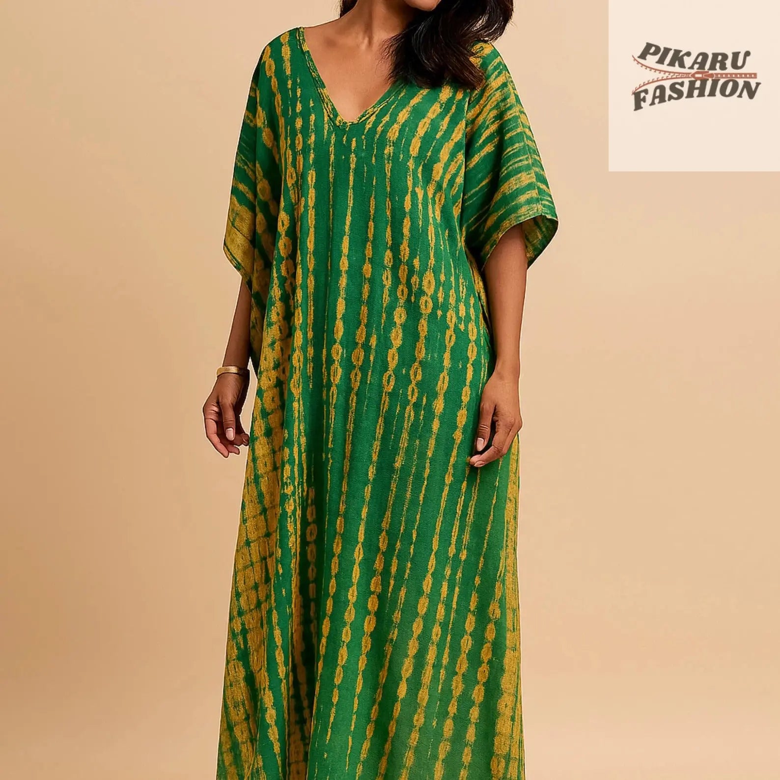 Green and yellow Boho Tie-Dye Maxi Dress on model – front view