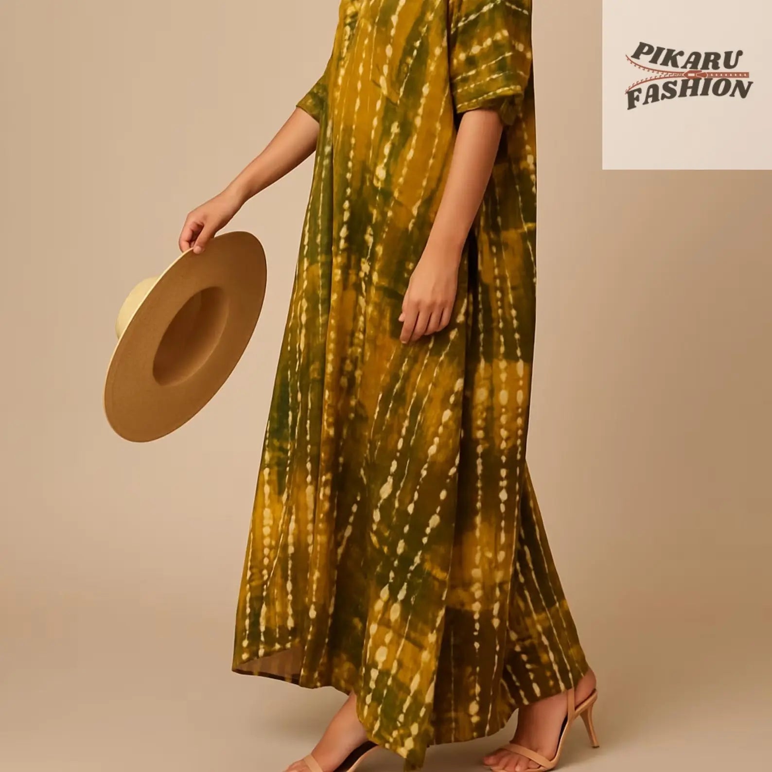 Yellow and olive Boho Tie-Dye Maxi Dress on model – side view