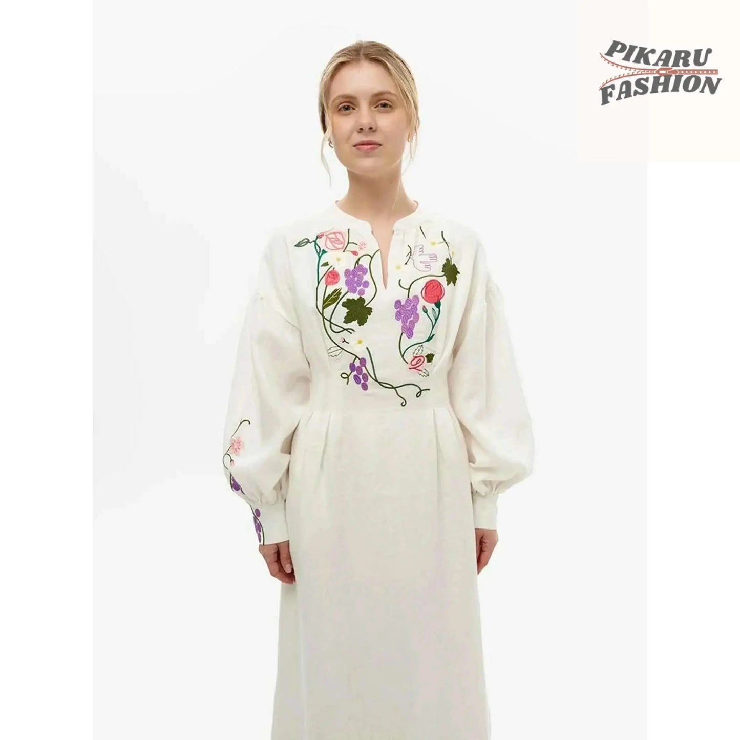  White Vyshyvanka Embroidered Maxi Dress featuring floral chest embroidery – close front view