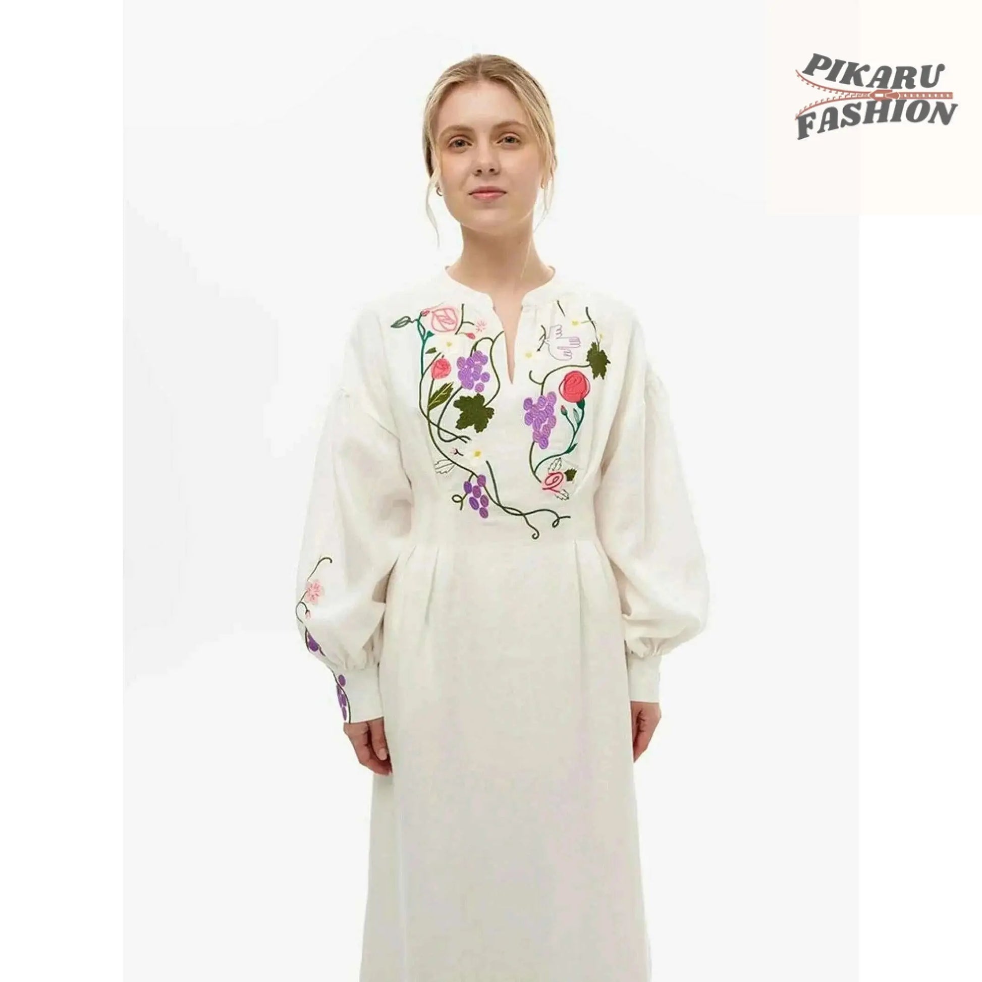  White Vyshyvanka Embroidered Maxi Dress featuring floral chest embroidery – close front view