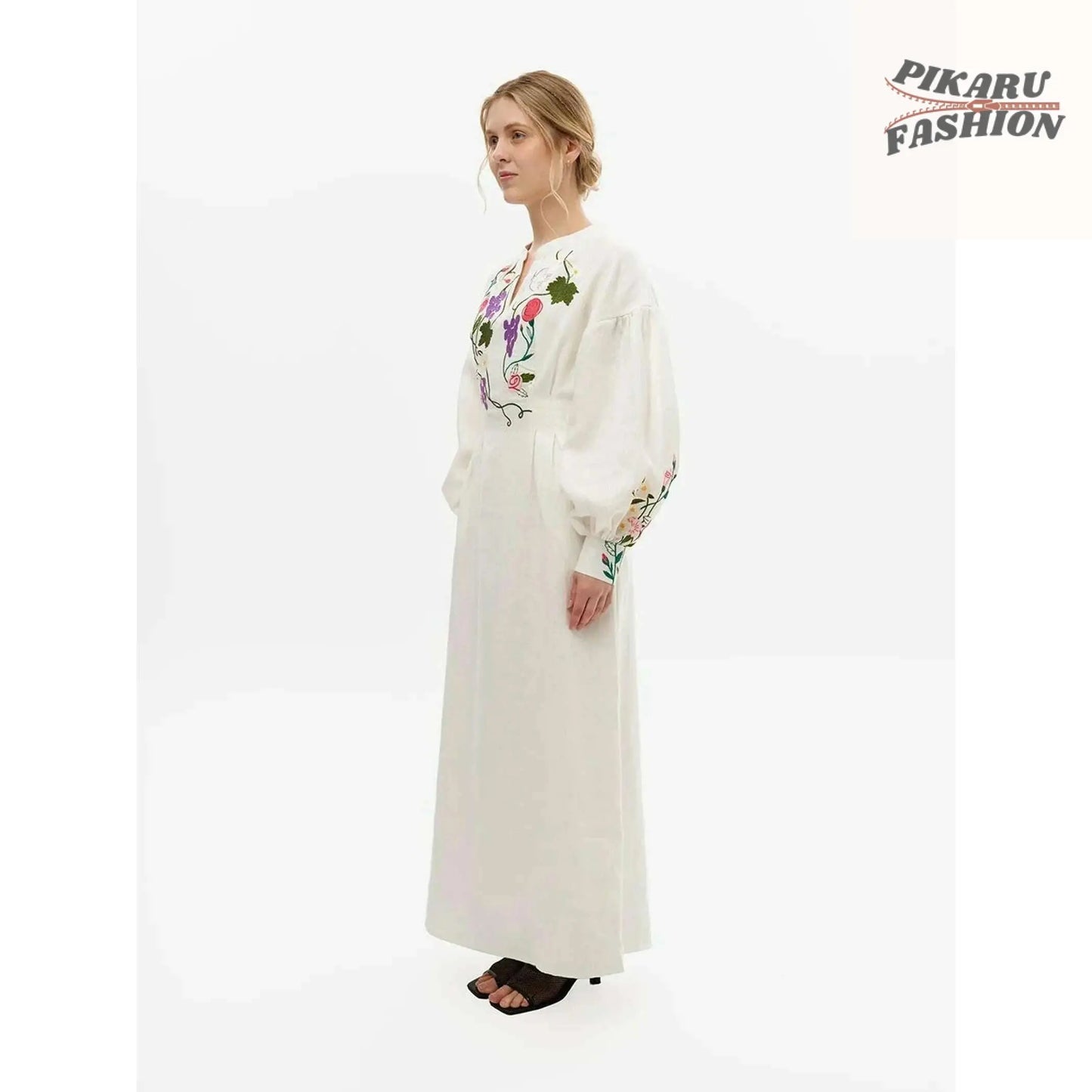 Vyshyvanka Embroidered Maxi Dress with floral sleeves worn by model – side view
