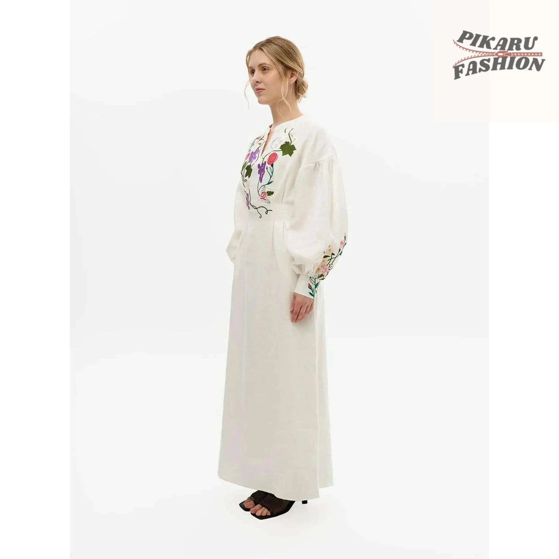 Vyshyvanka Embroidered Maxi Dress with floral sleeves worn by model – side view