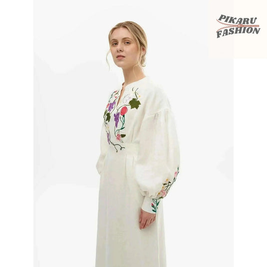  Vyshyvanka Embroidered Maxi Dress with floral sleeve embroidery – side upper view