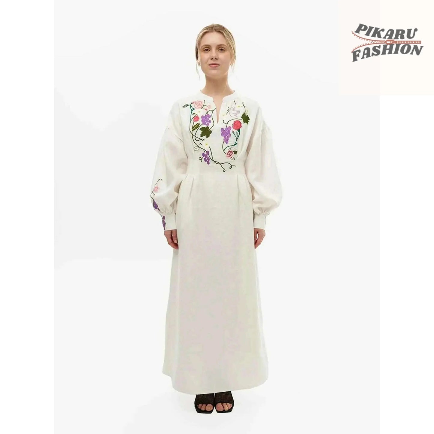 White Vyshyvanka Embroidered Maxi Dress with colorful floral embroidery – front full-length view