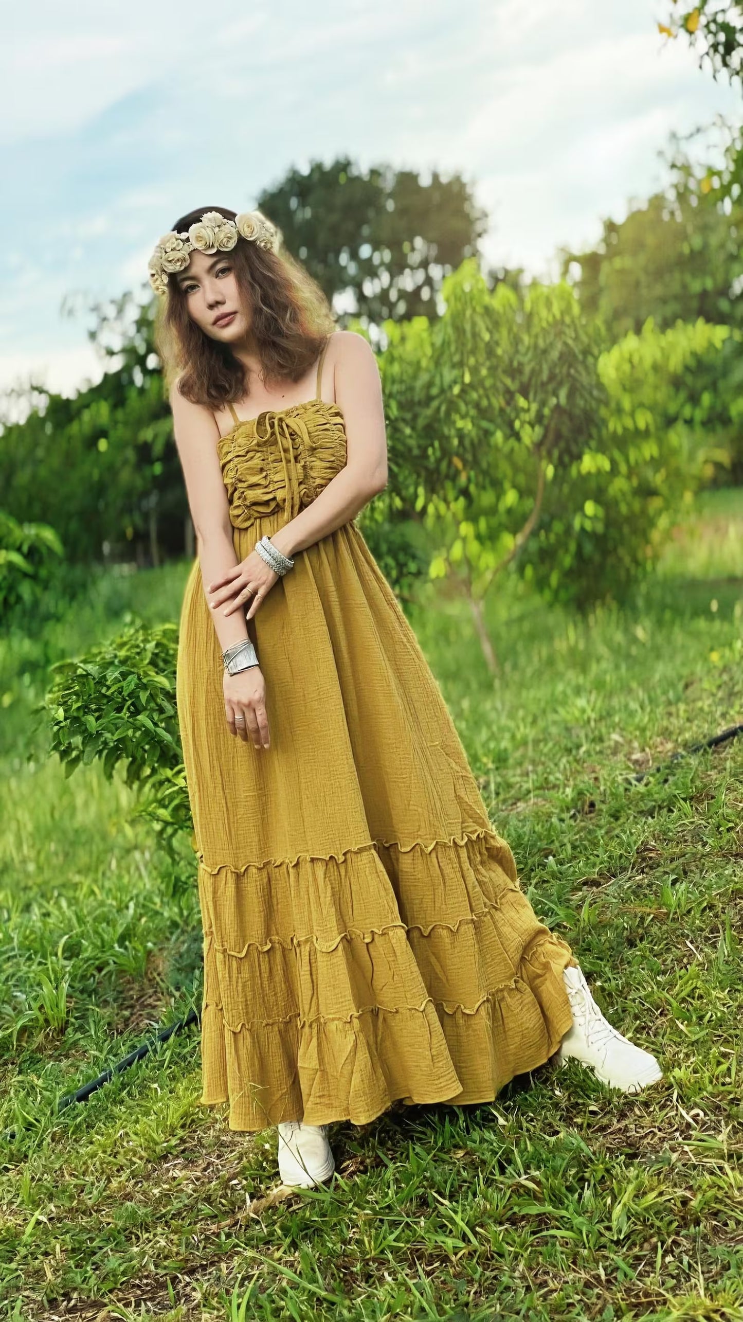 Olive Mustard Boho Maxi Dress - PIKARU FASHION