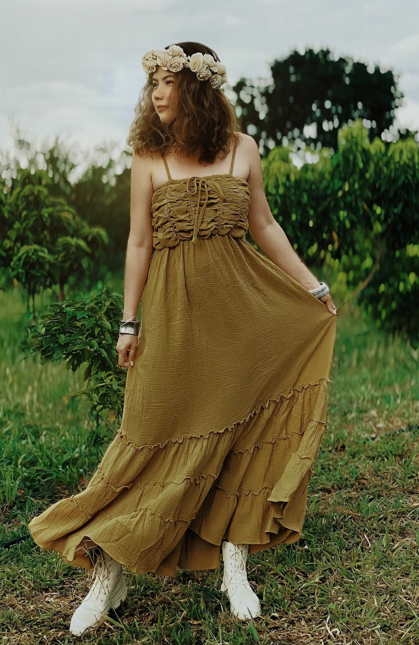 Olive Mustard Boho Maxi Dress - PIKARU FASHION