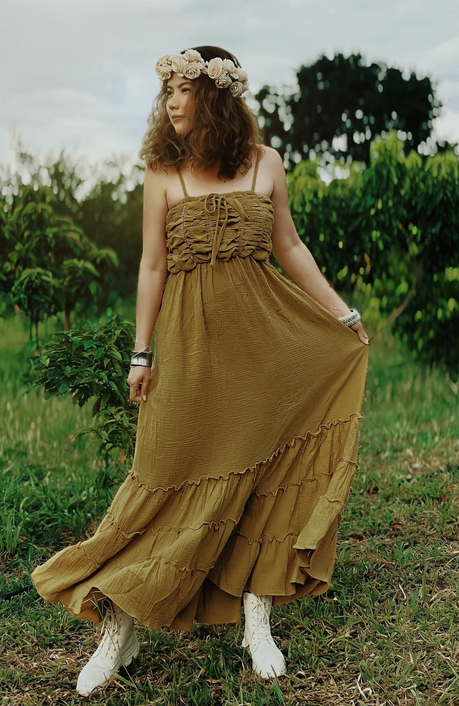 Olive Mustard Boho Maxi Dress - PIKARU FASHION