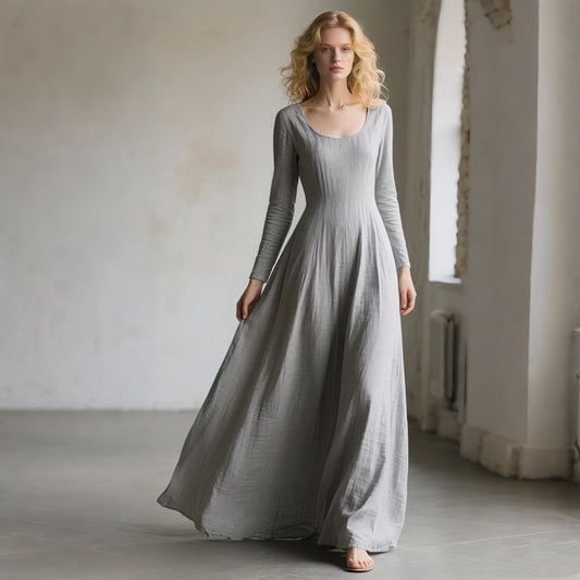 Gray Linen Maxi Dress with Pockets Women Scoop Neck Long Sleeve - PIKARU FASHION