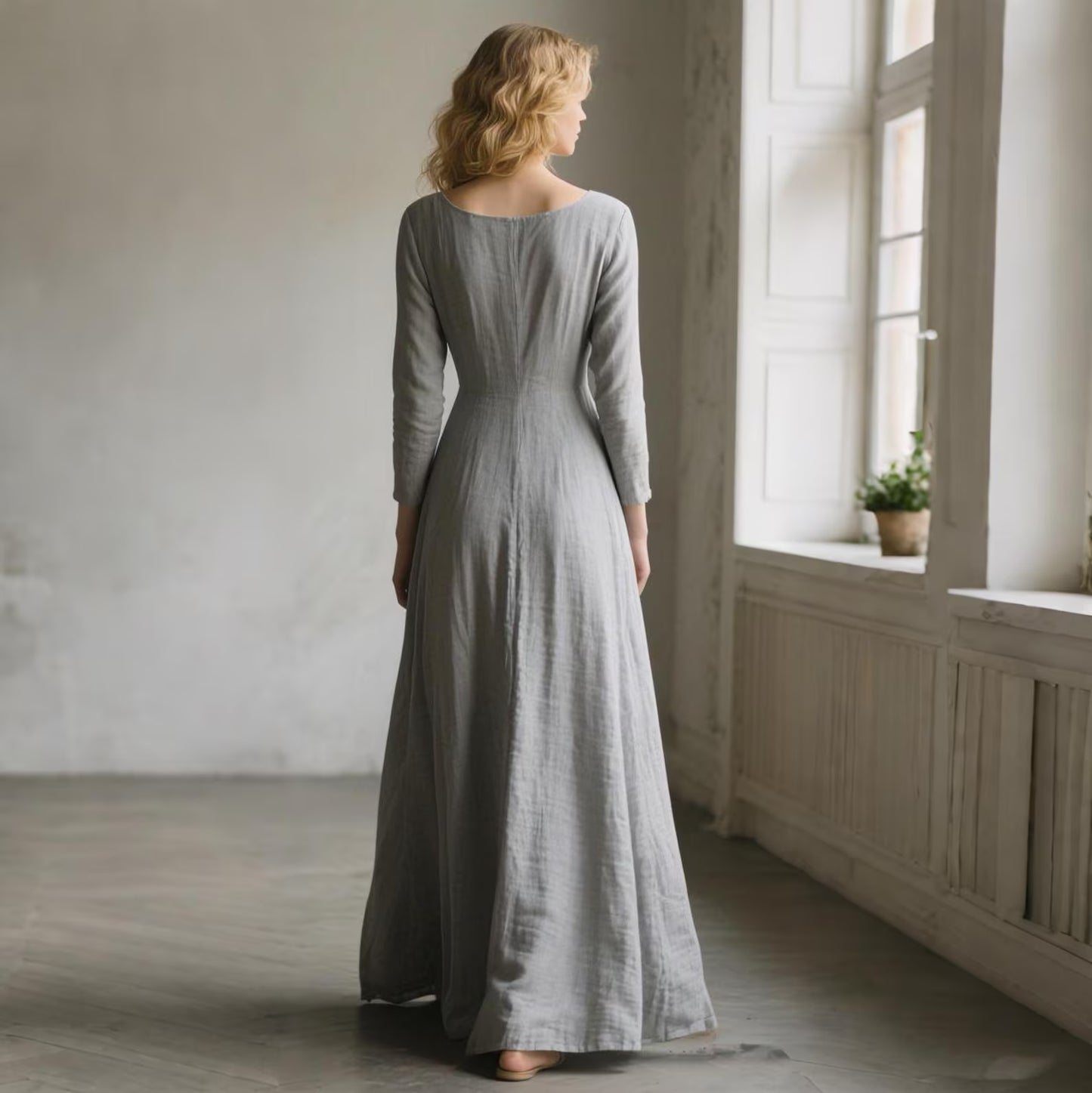 Gray Linen Maxi Dress with Pockets Women Scoop Neck Long Sleeve - PIKARU FASHION