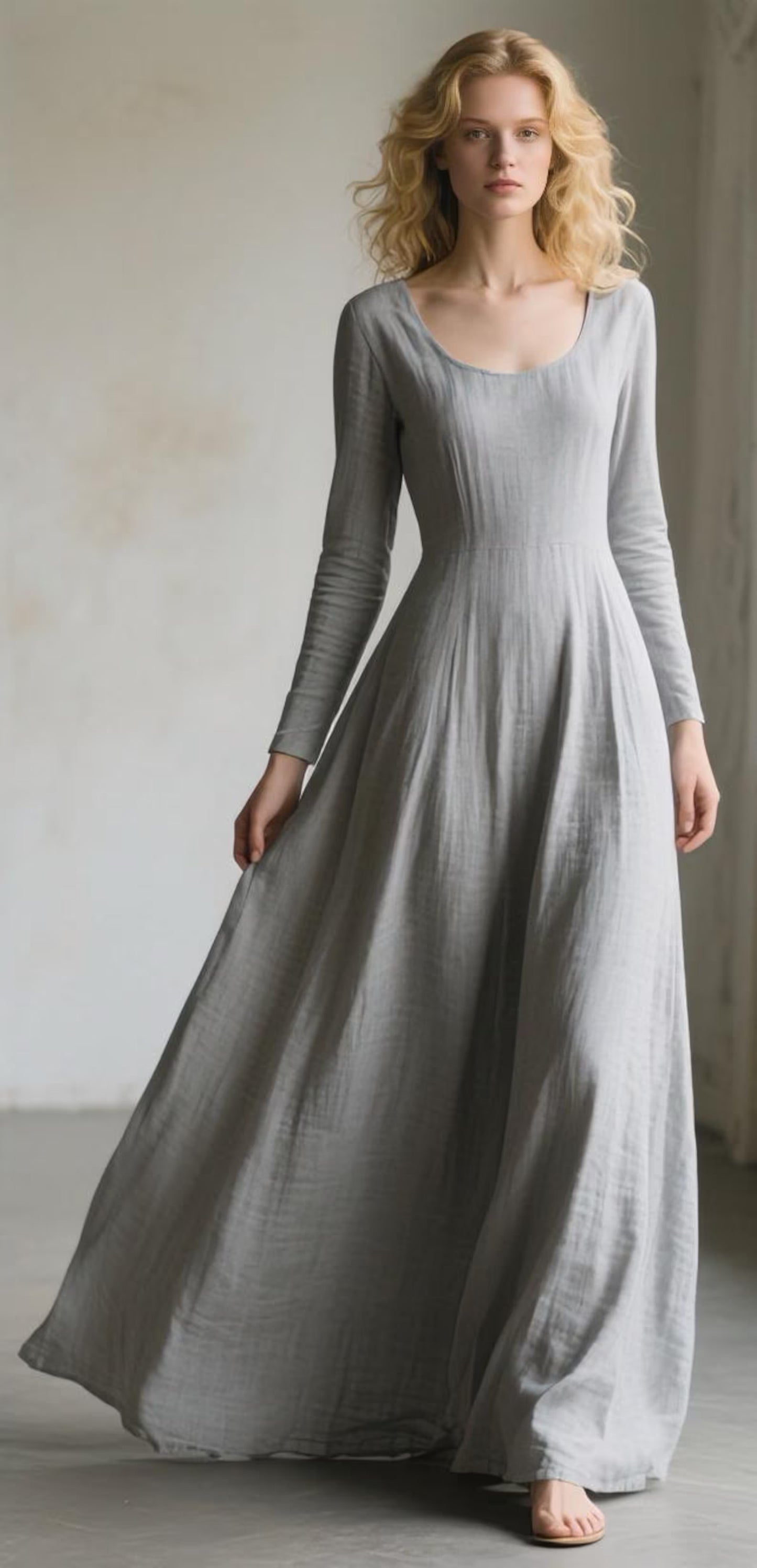 Gray Linen Maxi Dress with Pockets Women Scoop Neck Long Sleeve - PIKARU FASHION