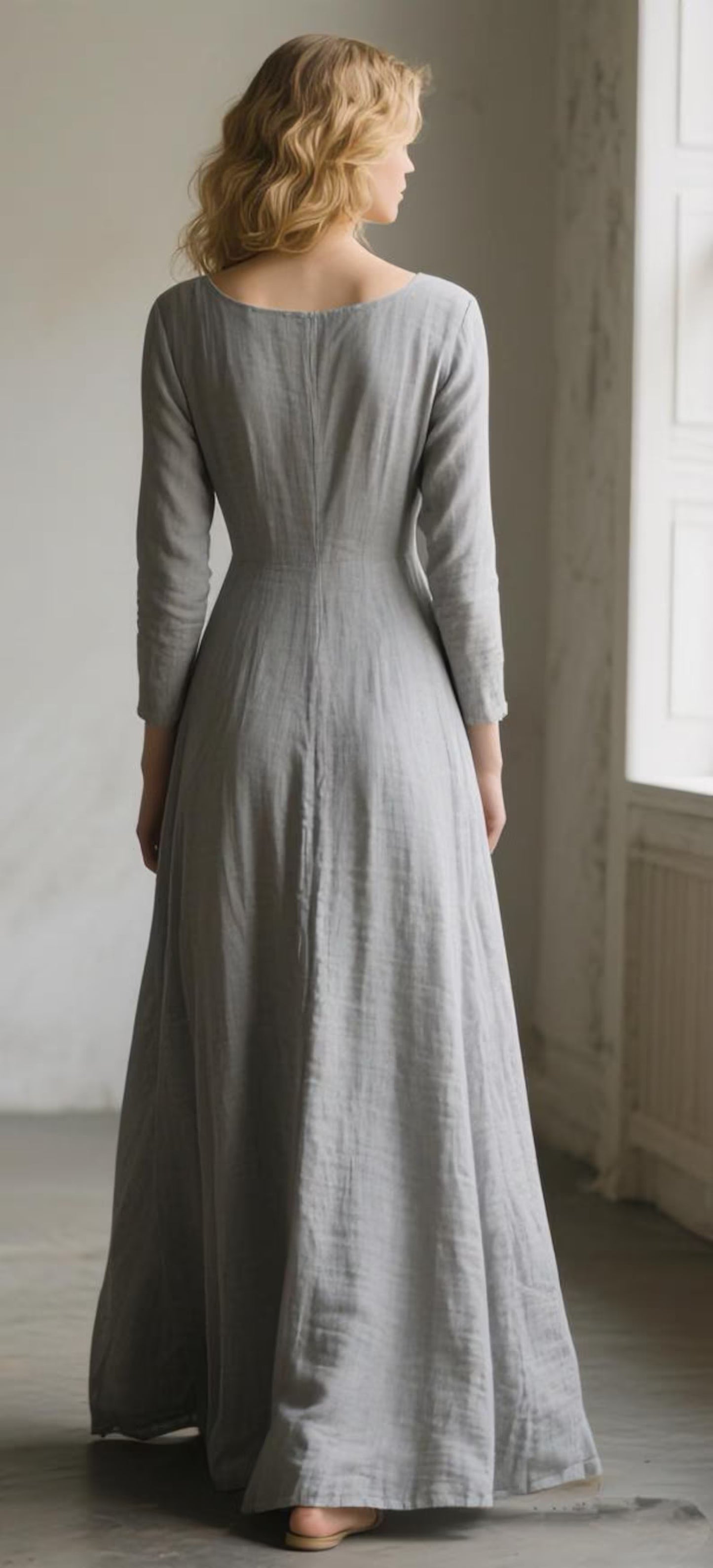 Gray Linen Maxi Dress with Pockets Women Scoop Neck Long Sleeve - PIKARU FASHION