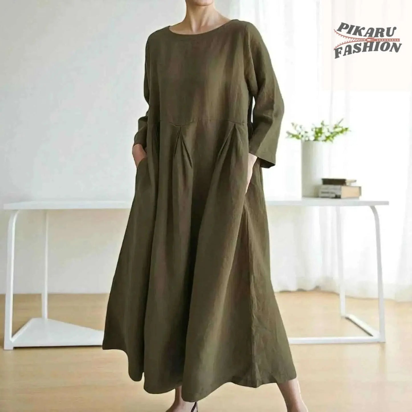 Loose Fit Linen Maxi Dress with Pockets - PIKARU FASHION