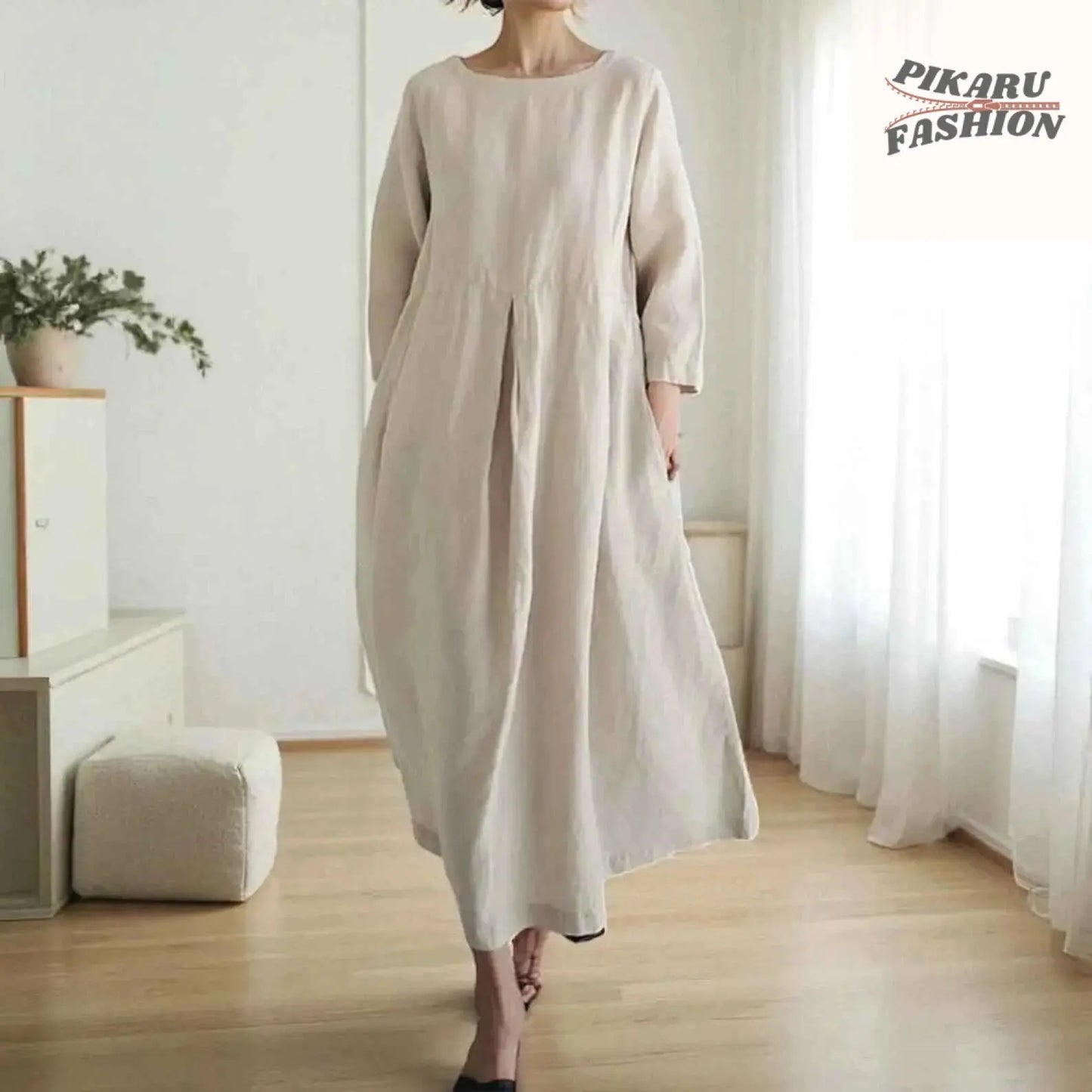 Loose Fit Linen Maxi Dress with Pockets - PIKARU FASHION