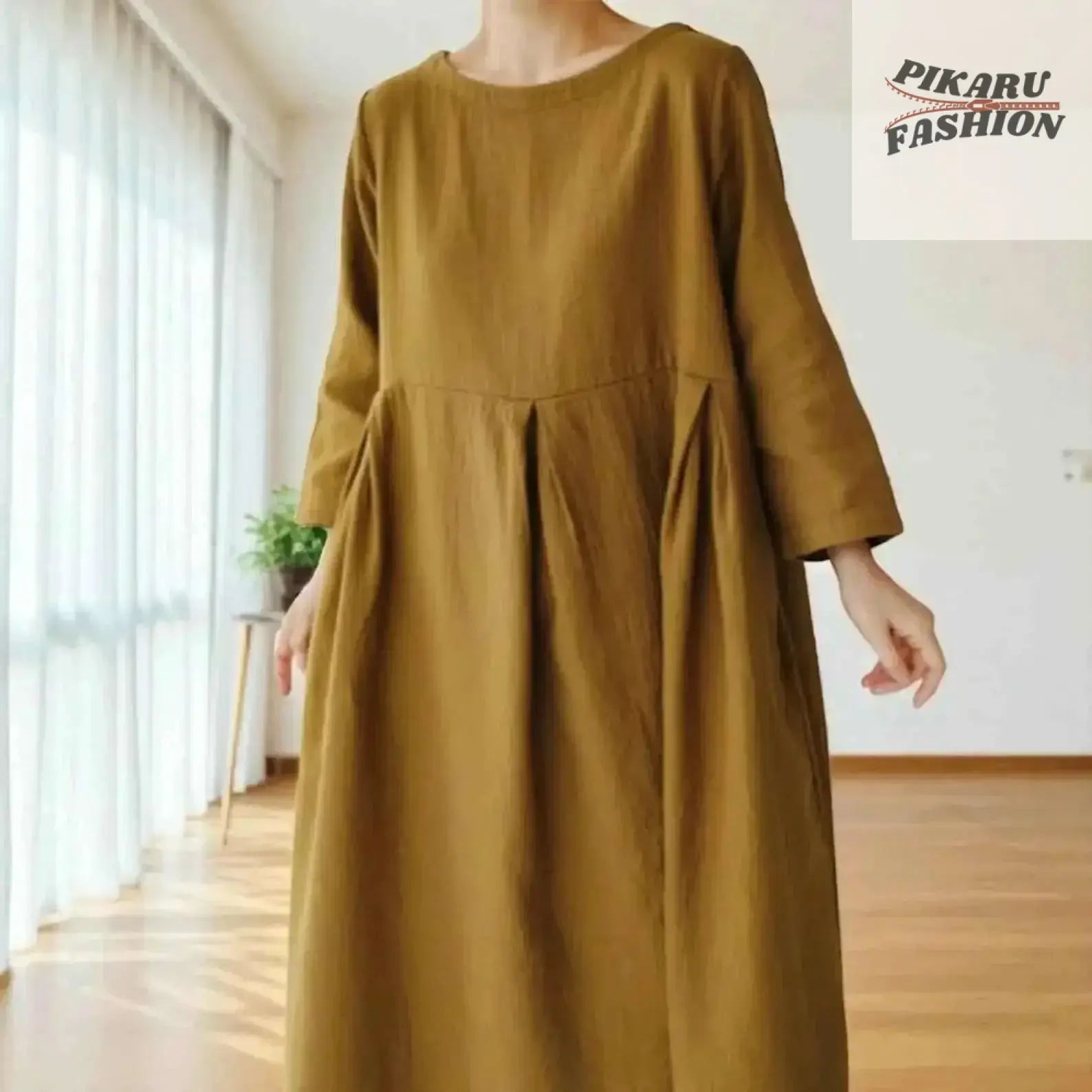 Loose Fit Linen Maxi Dress with Pockets - PIKARU FASHION