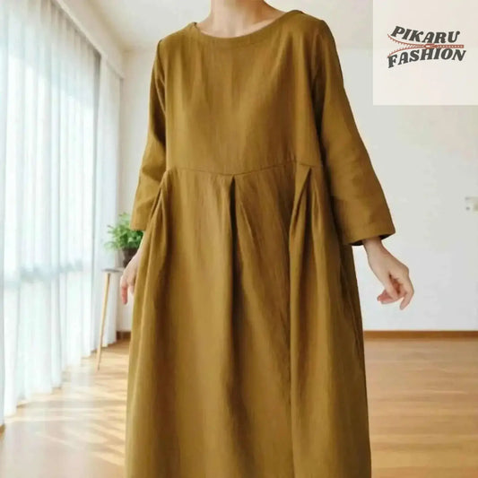 Loose Fit Linen Maxi Dress with Pockets - PIKARU FASHION