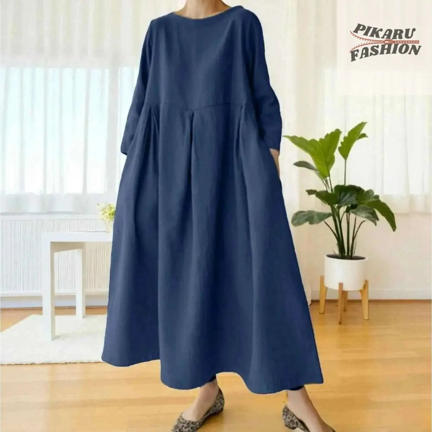 Loose Fit Linen Maxi Dress with Pockets - PIKARU FASHION