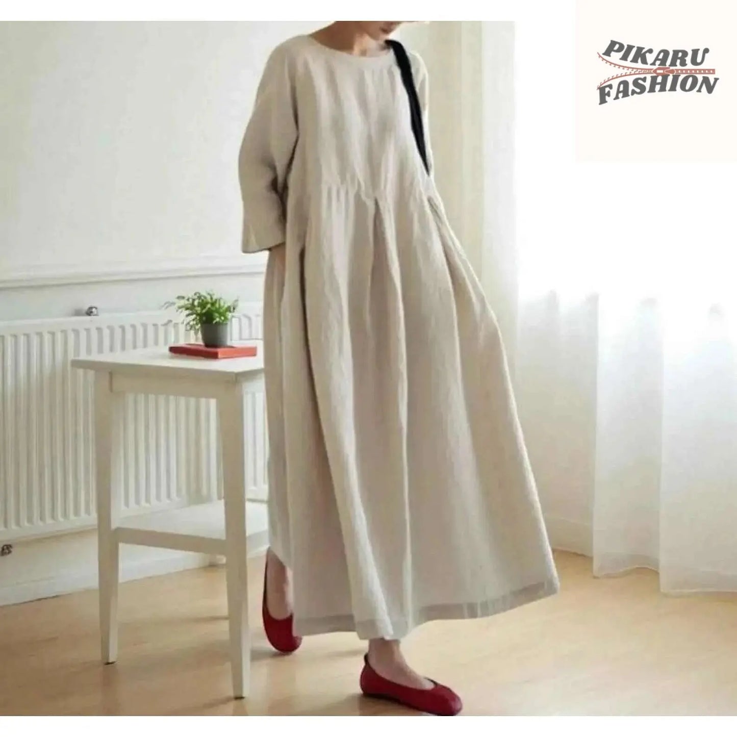 Loose Fit Linen Maxi Dress with Pockets - PIKARU FASHION