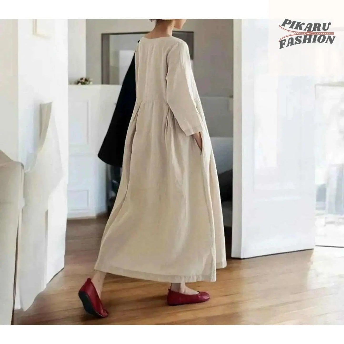 Loose Fit Linen Maxi Dress with Pockets - PIKARU FASHION