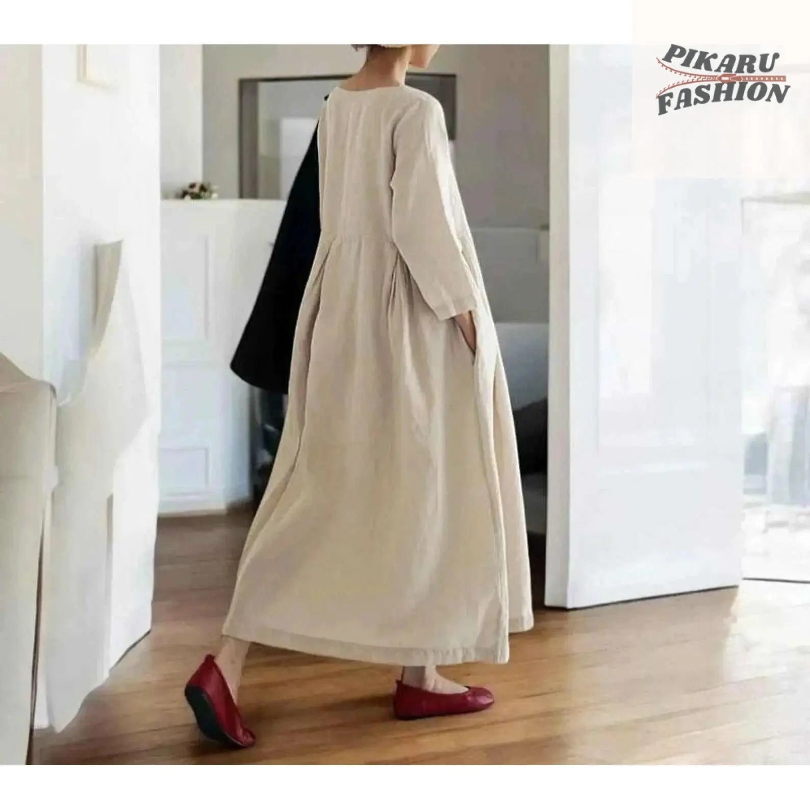 Loose Fit Linen Maxi Dress with Pockets - PIKARU FASHION