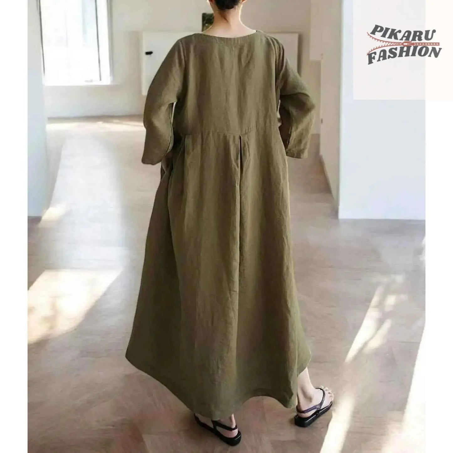 Loose Fit Linen Maxi Dress with Pockets - PIKARU FASHION