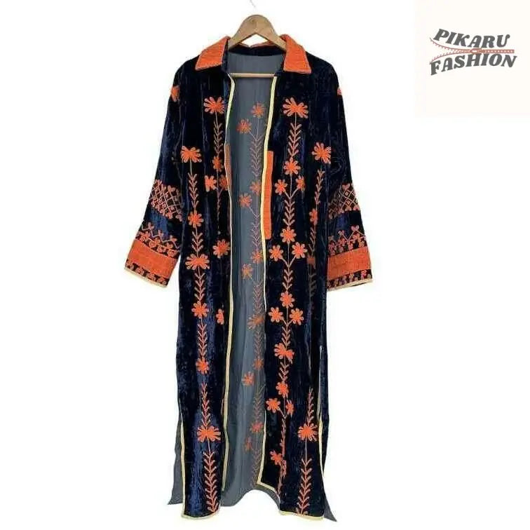 valvet Embroidered Long Kaftan - PIKARU FASHION