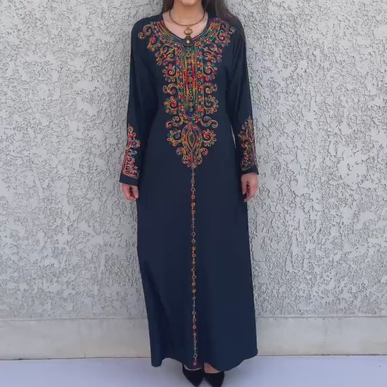 Navy Blue embroidered caftan dress, embroidered Cotton caftan, Chic embroidered caftan, Egyptian cotton caftans for women - PIKARU FASHION