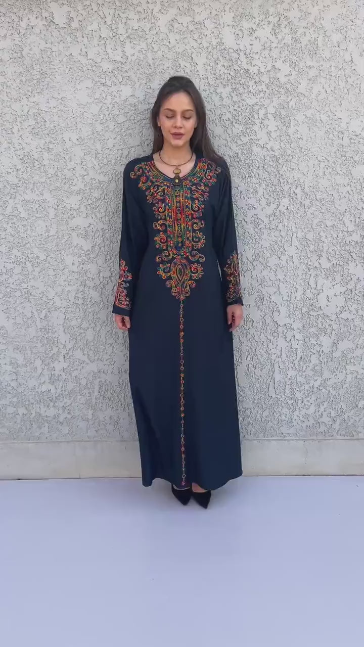Navy Blue embroidered caftan dress, embroidered Cotton caftan, Chic embroidered caftan, Egyptian cotton caftans for women - PIKARU FASHION